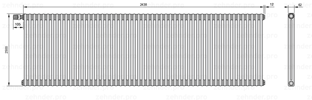 Схема (чертеж) Радиатор Zehnder Charleston 2250/53 №V012 Белый глянцевый RAL 9016
